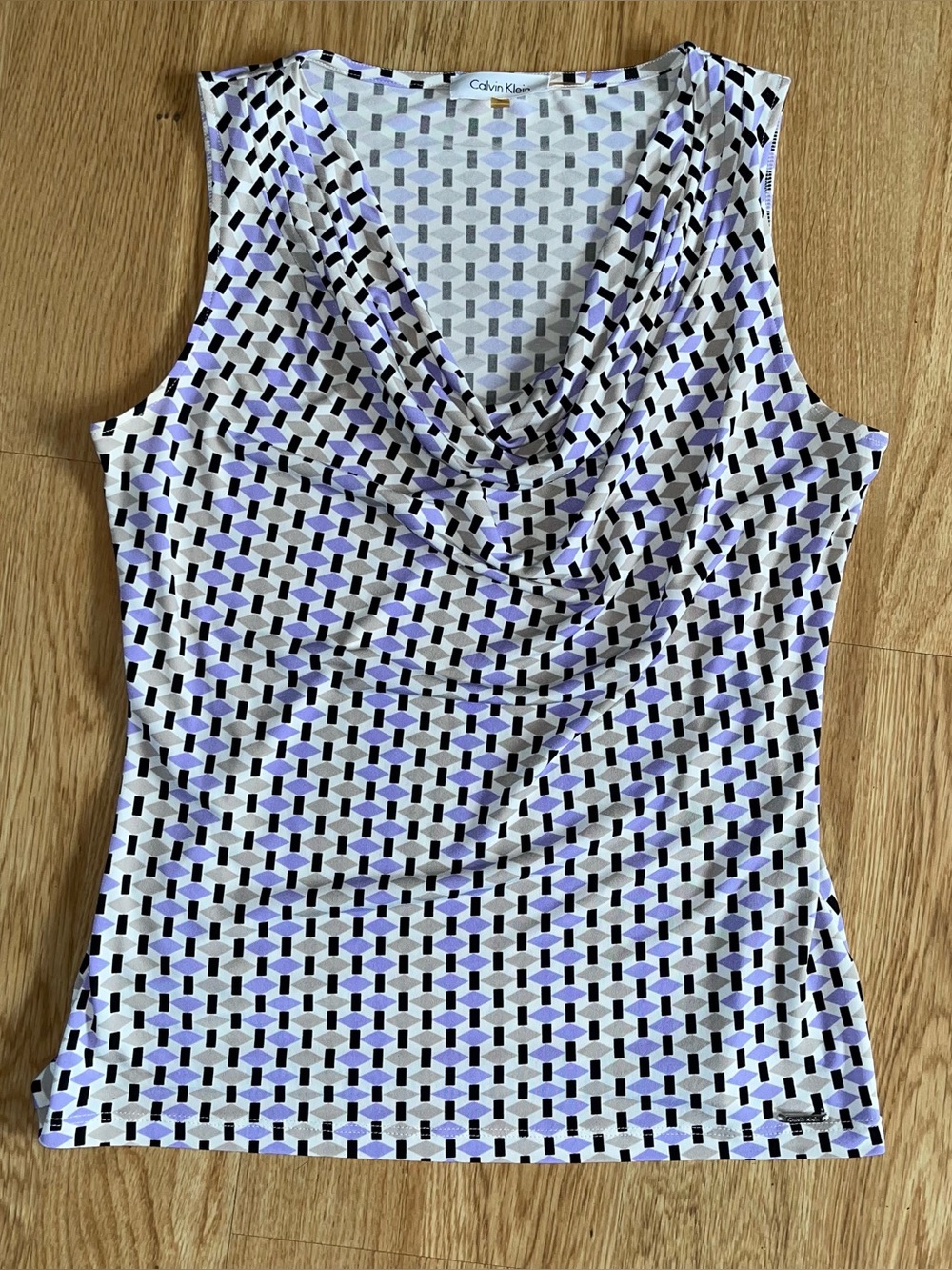 Calvin Klein Women’s Tank Top S Geometric Cowl Neck Sleeveless Purple Black